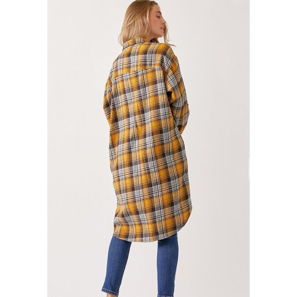Risen Sunflower Yellow Plaid Cotton Button Down High-Low Long Shirt Jacket NWT - Picture 2 of 3
